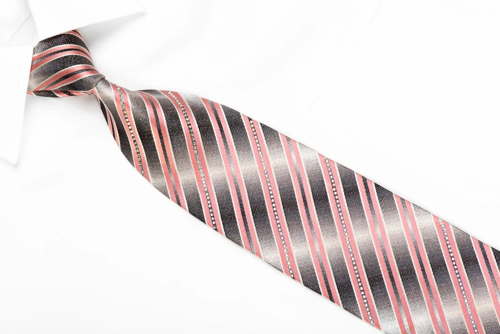 Daniel Hechter Men's Crystal Silk Necktie Pink Stripes On Silver With Silver Sparkles