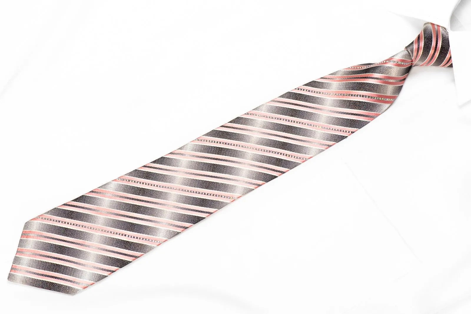 Daniel Hechter Men's Crystal Silk Necktie Pink Stripes On Silver With Silver Sparkles