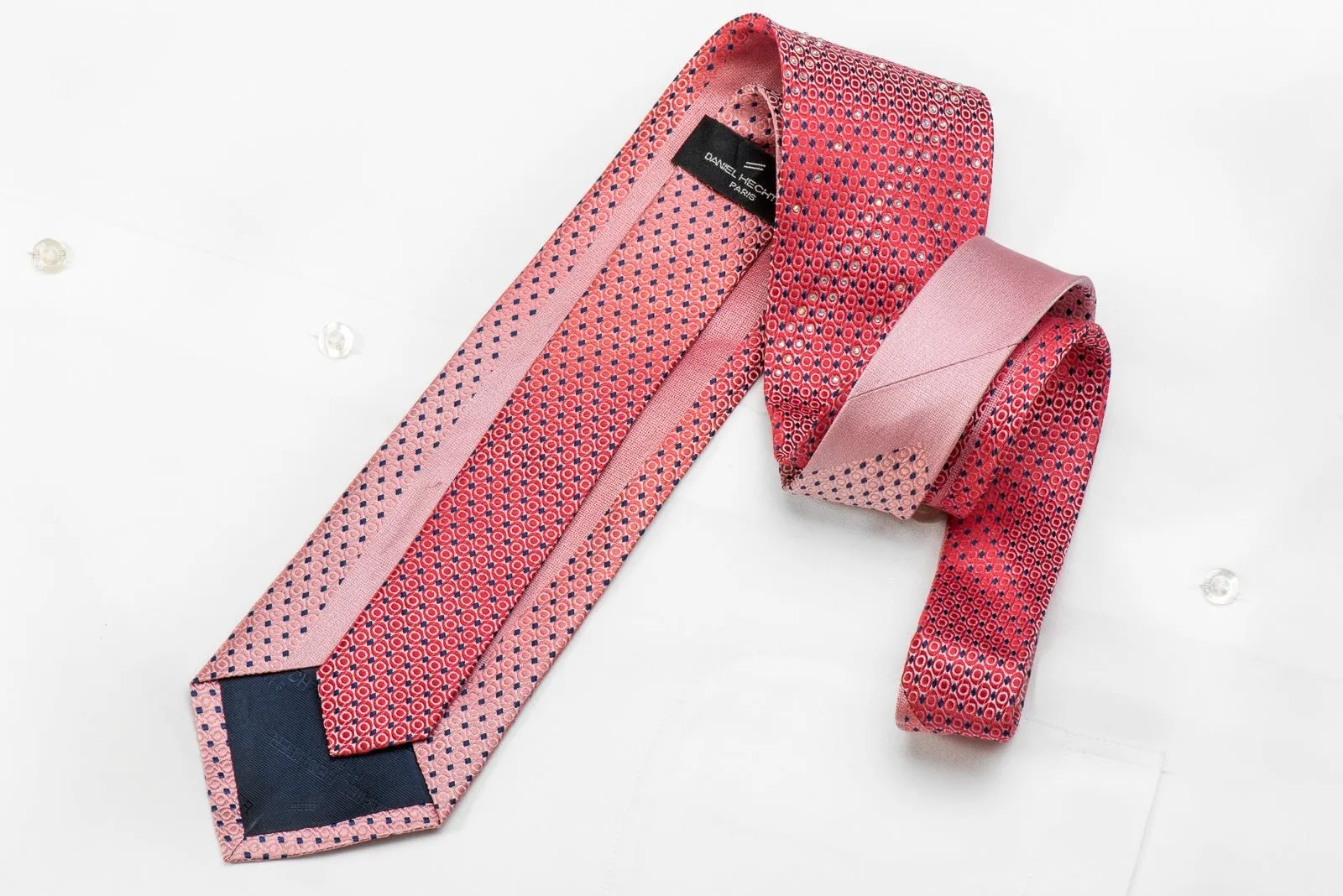 Daniel Hechter Men's Crystal Silk Necktie Red Blue Geometric On Pink With Sparkles