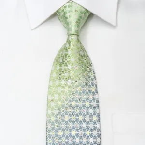 Daniel Hechter Men's Rhinestone Silk Necktie Green Geometric Lattice On Silver With Sparkles