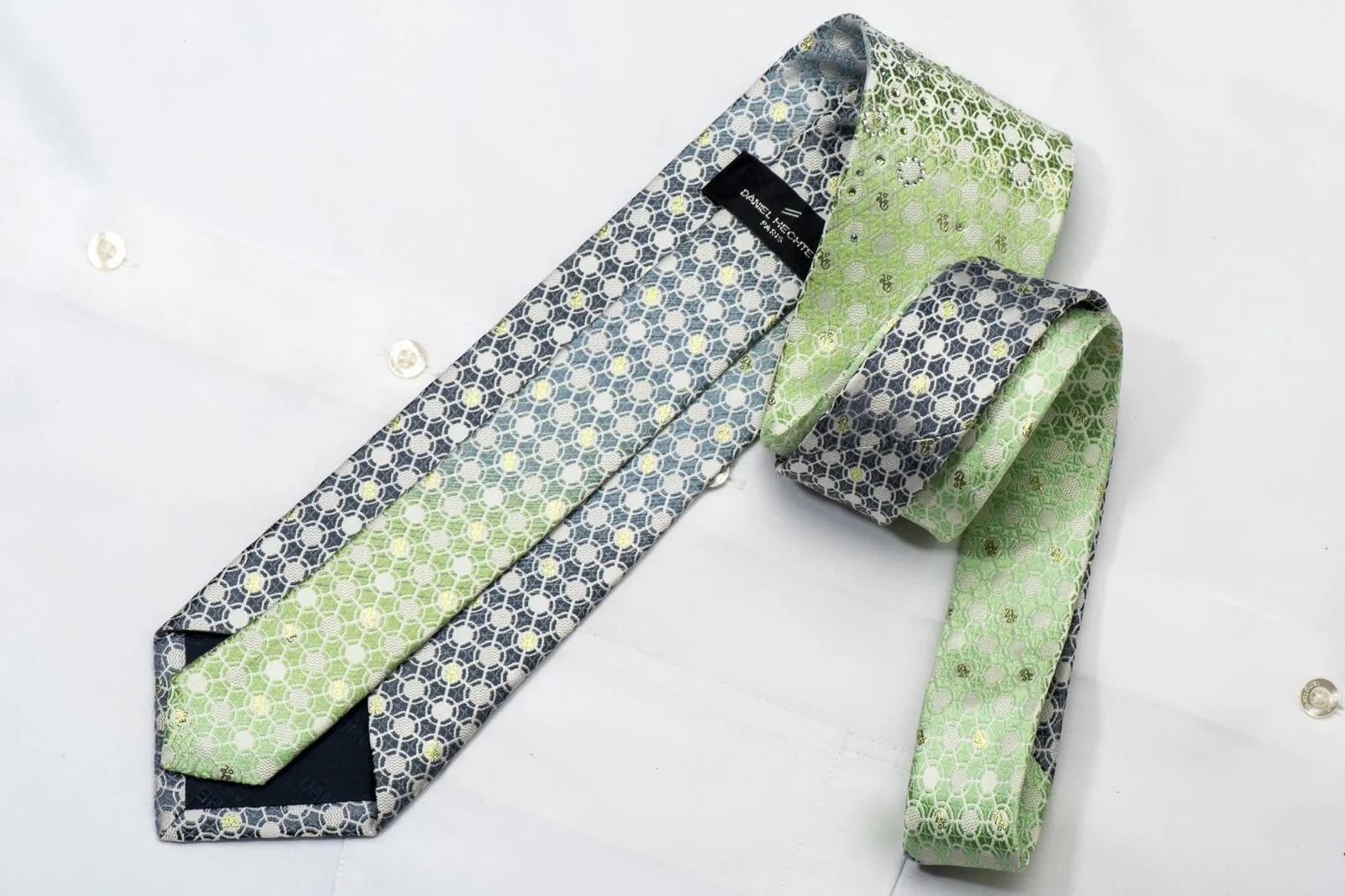 Daniel Hechter Men's Rhinestone Silk Necktie Green Geometric Lattice On Silver With Sparkles