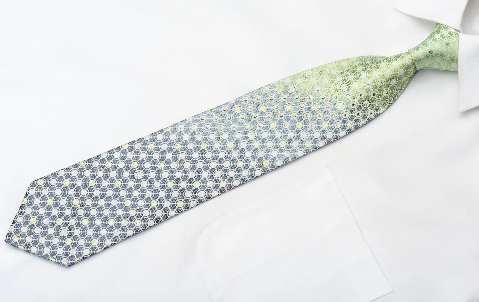 Daniel Hechter Men's Rhinestone Silk Necktie Green Geometric Lattice On Silver With Sparkles