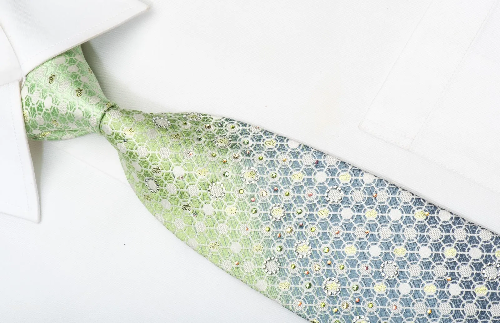 Daniel Hechter Men's Rhinestone Silk Necktie Green Geometric Lattice On Silver With Sparkles