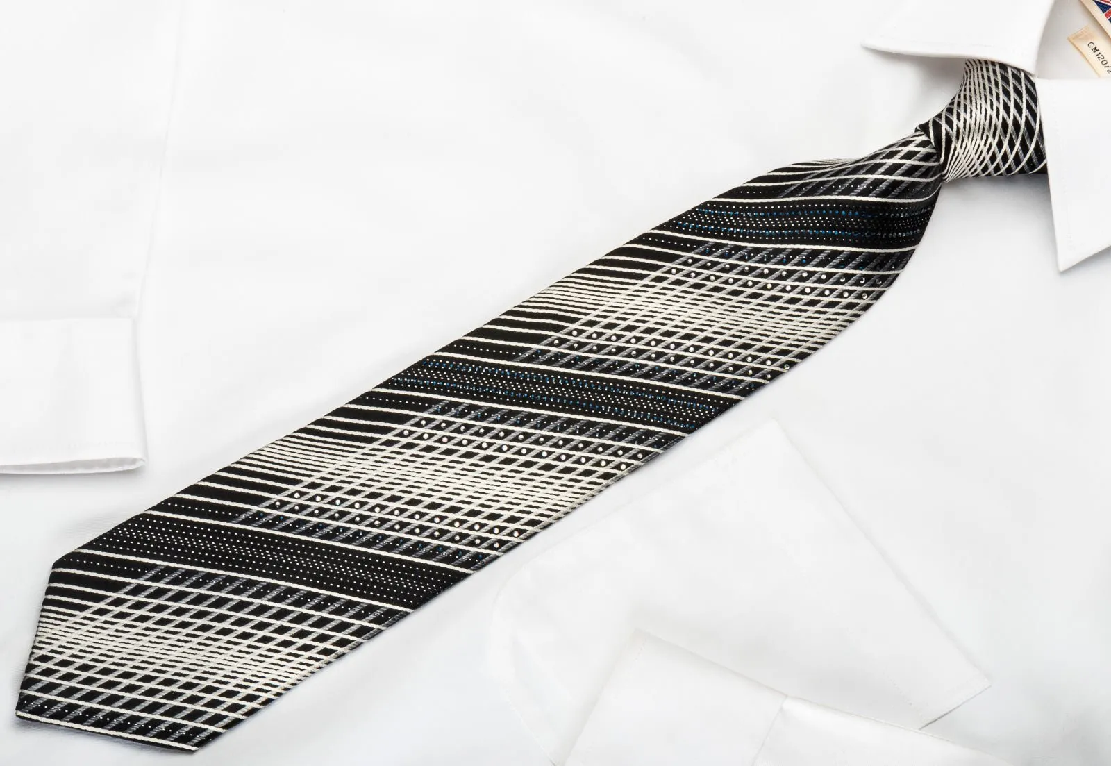 Daniel Hechter Silk Tie Silver Striped On Black With Rhinestones