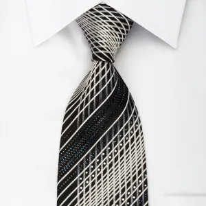 Daniel Hechter Silk Tie Silver Striped On Black With Rhinestones