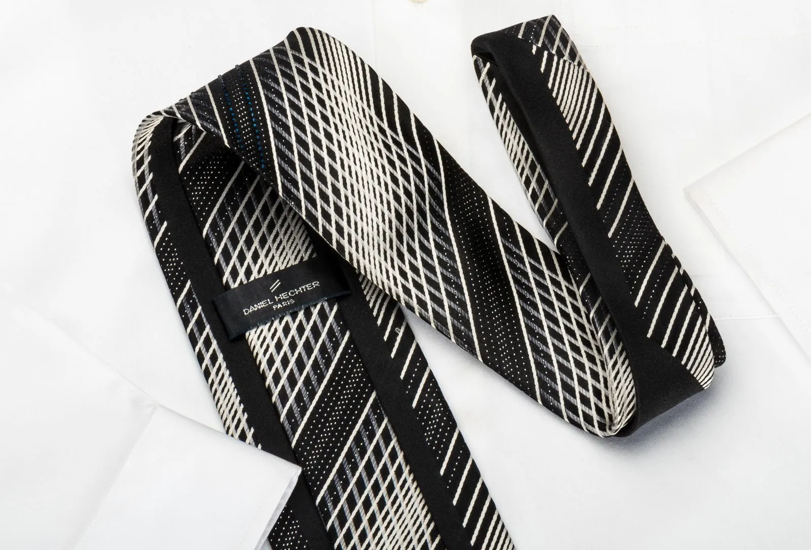 Daniel Hechter Silk Tie Silver Striped On Black With Rhinestones