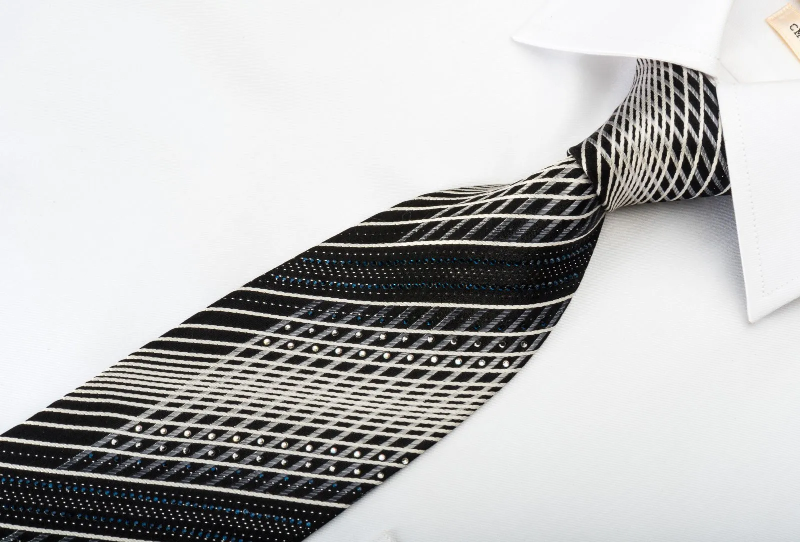 Daniel Hechter Silk Tie Silver Striped On Black With Rhinestones