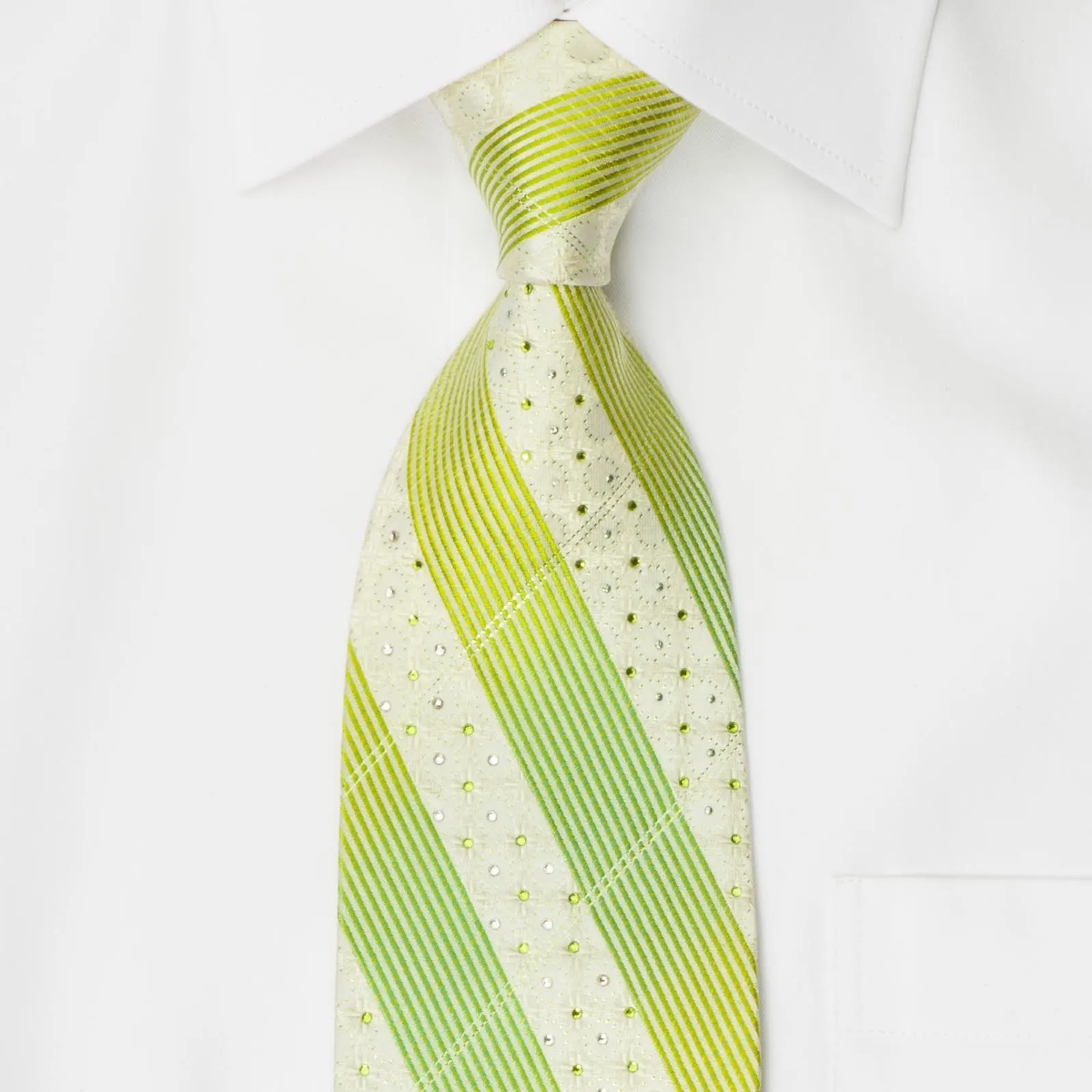 Elegance Men's Crystal Rhinestone Tie Green Stripes With Silver Sparkles