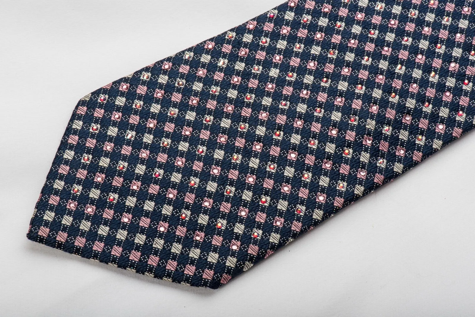 Elegance Rhinestone Silk Necktie Pink Silver Checker On Blue With Silver Sparkles