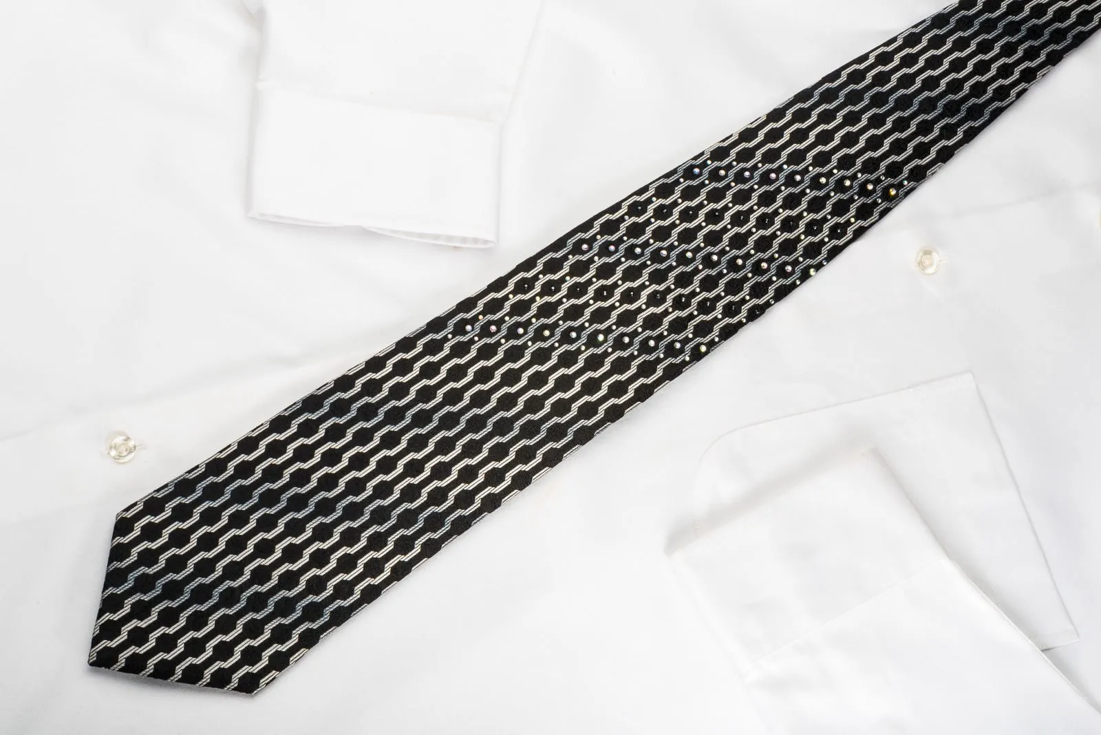 Elegance Silk Tie Silver Geometric On Black With Rhinestones