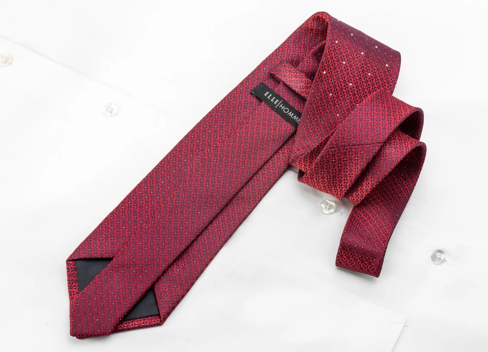 Elle Homme Men's Crystal Rhinestone Necktie Burgundy Geometric Floral On Navy Silk With Sparkles