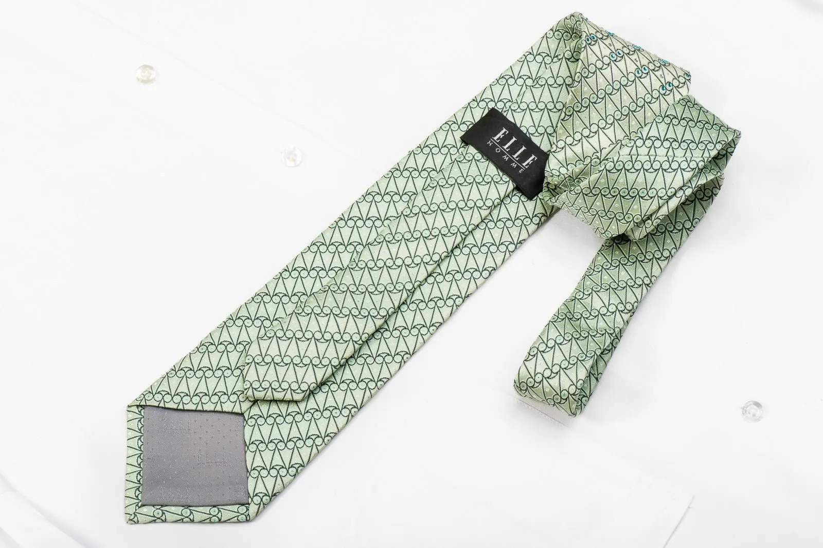 Elle Homme Men's Crystal Silk Tie Geometric On Pale Green With Silver Sparkles