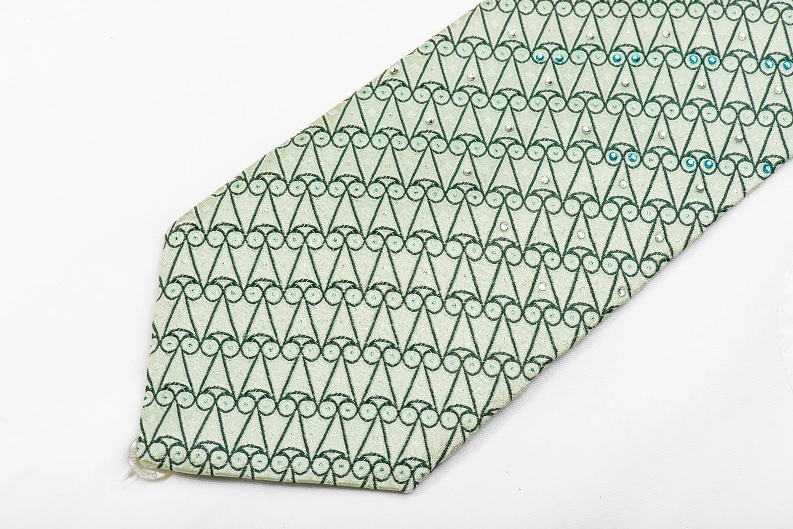 Elle Homme Men's Crystal Silk Tie Geometric On Pale Green With Silver Sparkles