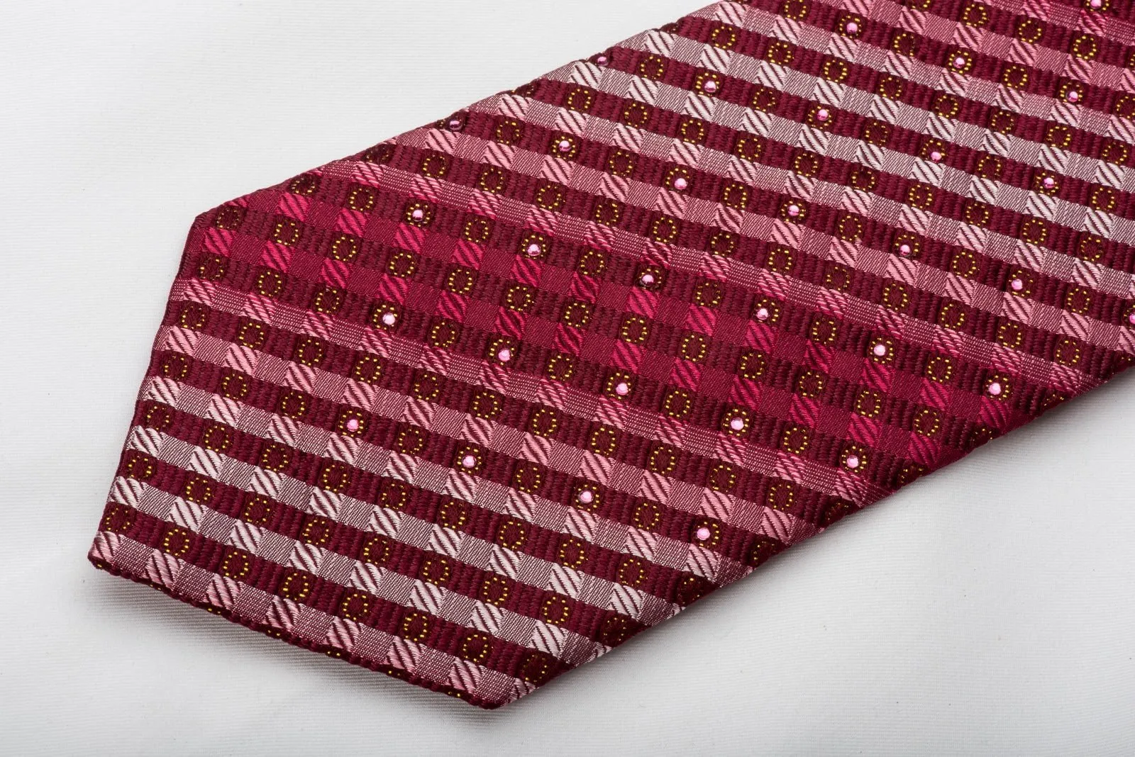 Elle Homme Rhinestone Silk Necktie Checker On Burgundy With Sparkles