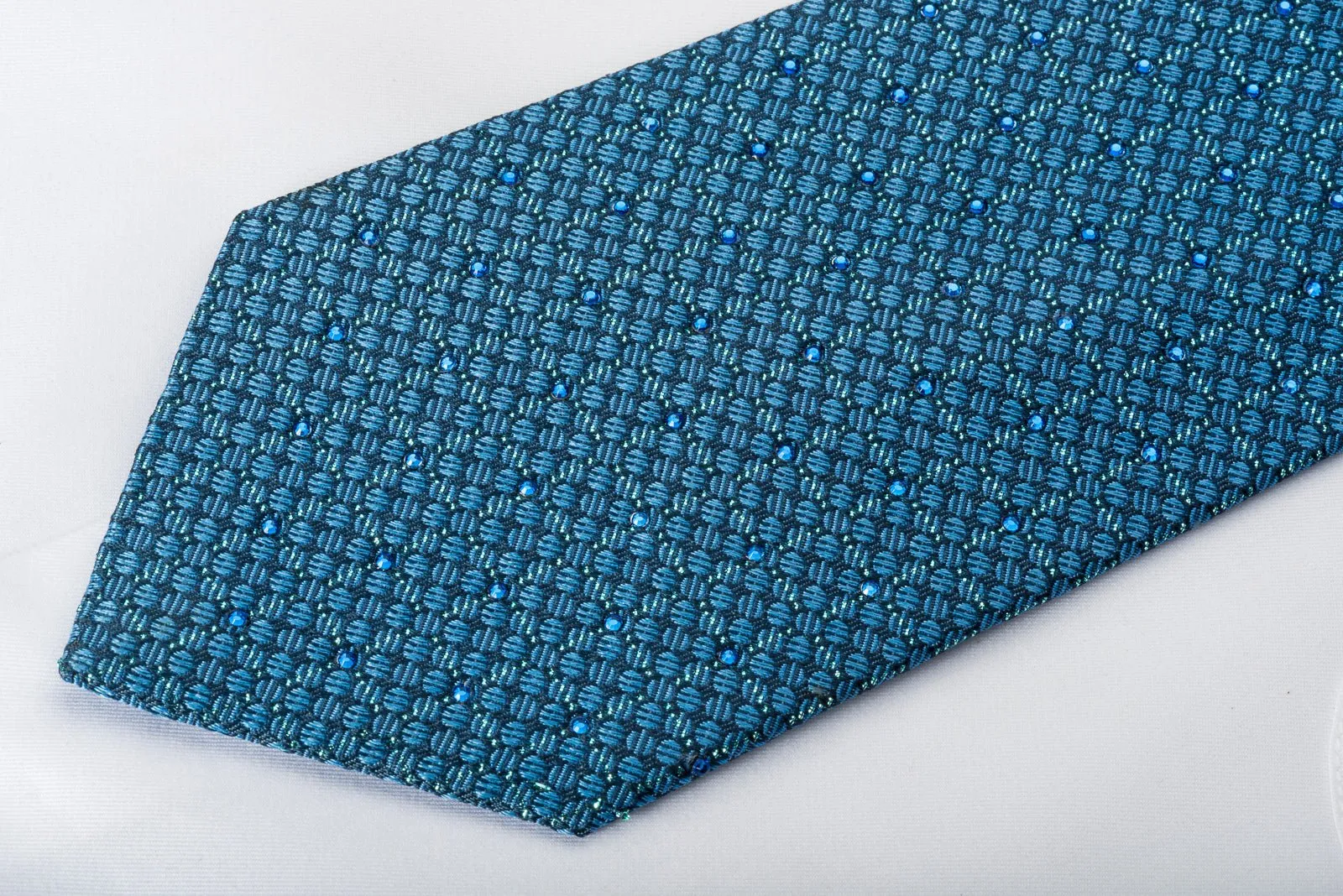 Elle Homme Rhinestone Silk Necktie Trellis & Dots On Blue With Sparkles