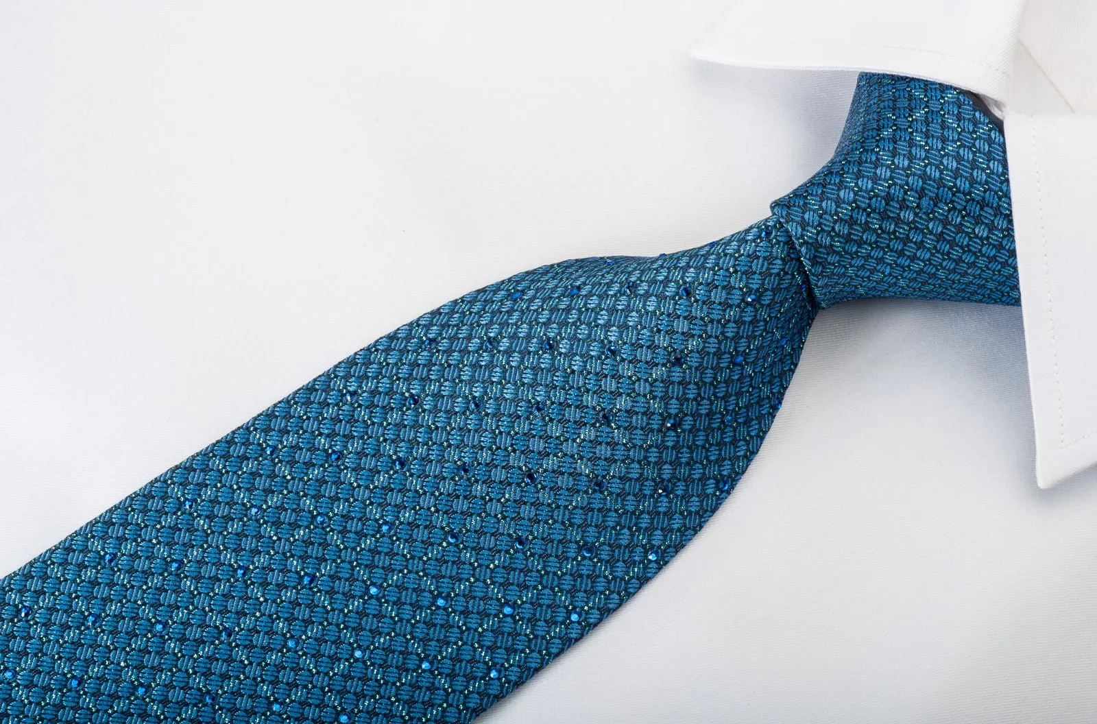 Elle Homme Rhinestone Silk Necktie Trellis & Dots On Blue With Sparkles