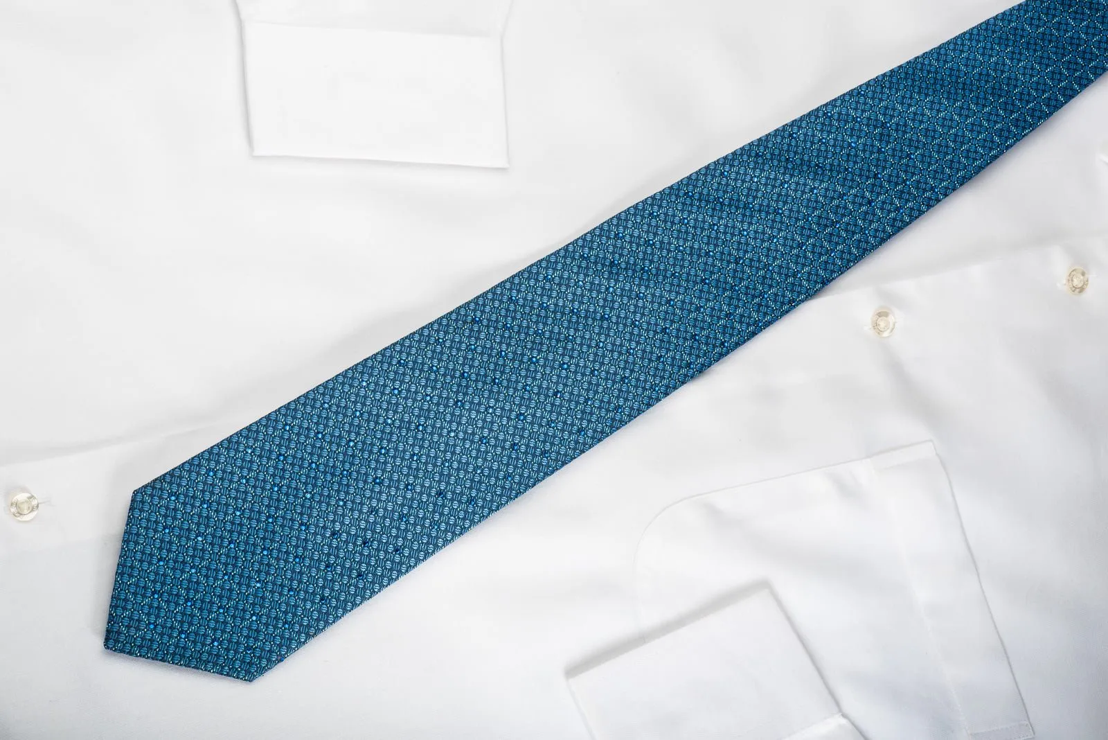 Elle Homme Rhinestone Silk Necktie Trellis & Dots On Blue With Sparkles