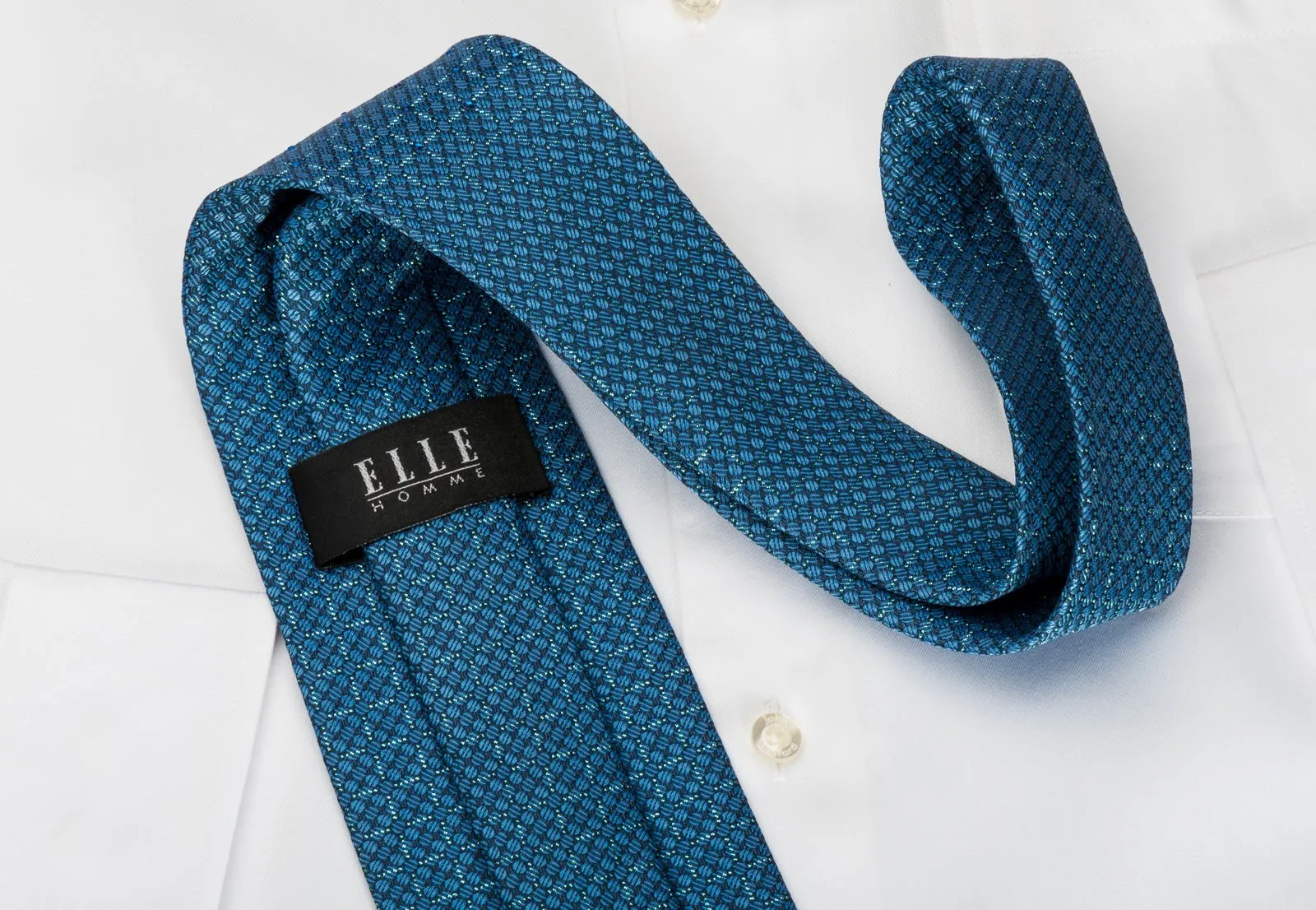 Elle Homme Rhinestone Silk Necktie Trellis & Dots On Blue With Sparkles