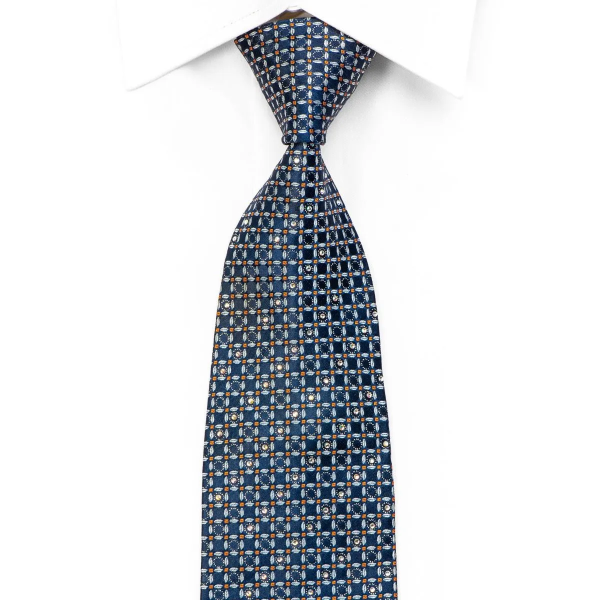 Elle Homme Rhinestone Silk Tie Trellis On Blue With Silver Sparkles