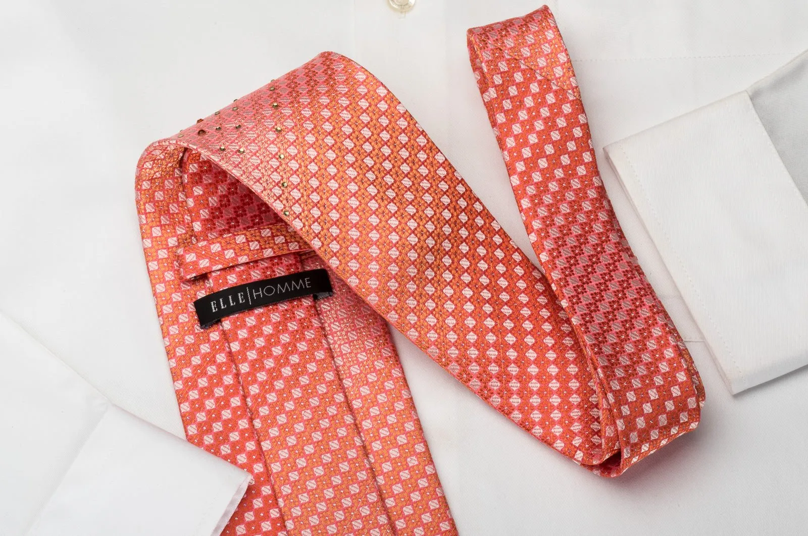 Elle Homme Rhinestone Tie Orange Checkered With Silver Sparkles