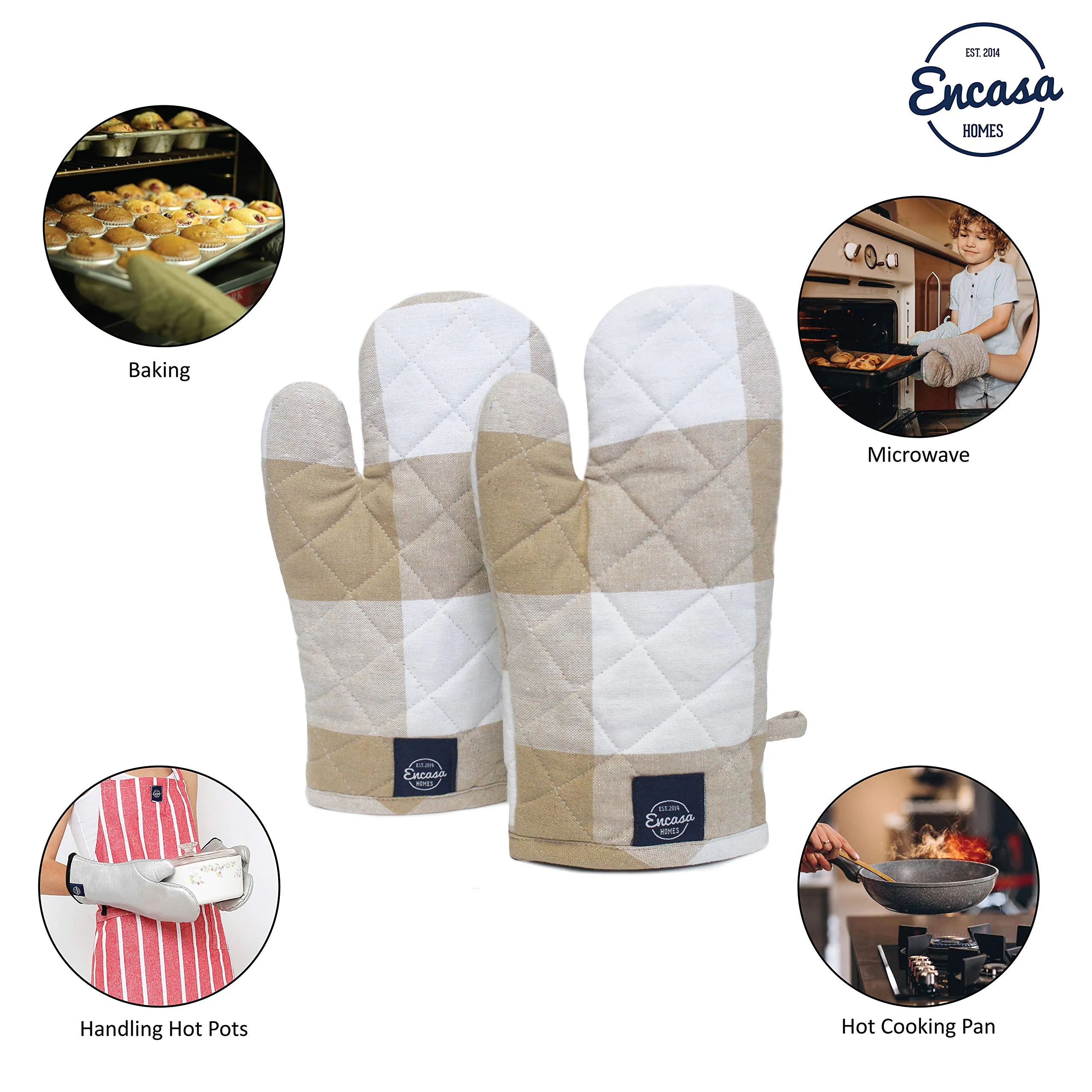 Encasa Homes Long 30 cm Oven Microwave Hand Gloves Mitts (2 pc Set) for Kitchen Cooking & Baking - Heat Resistant, Thick & Safe, Protection of Hands from Hot Utensils, Grill- Buffalo Beige Checks