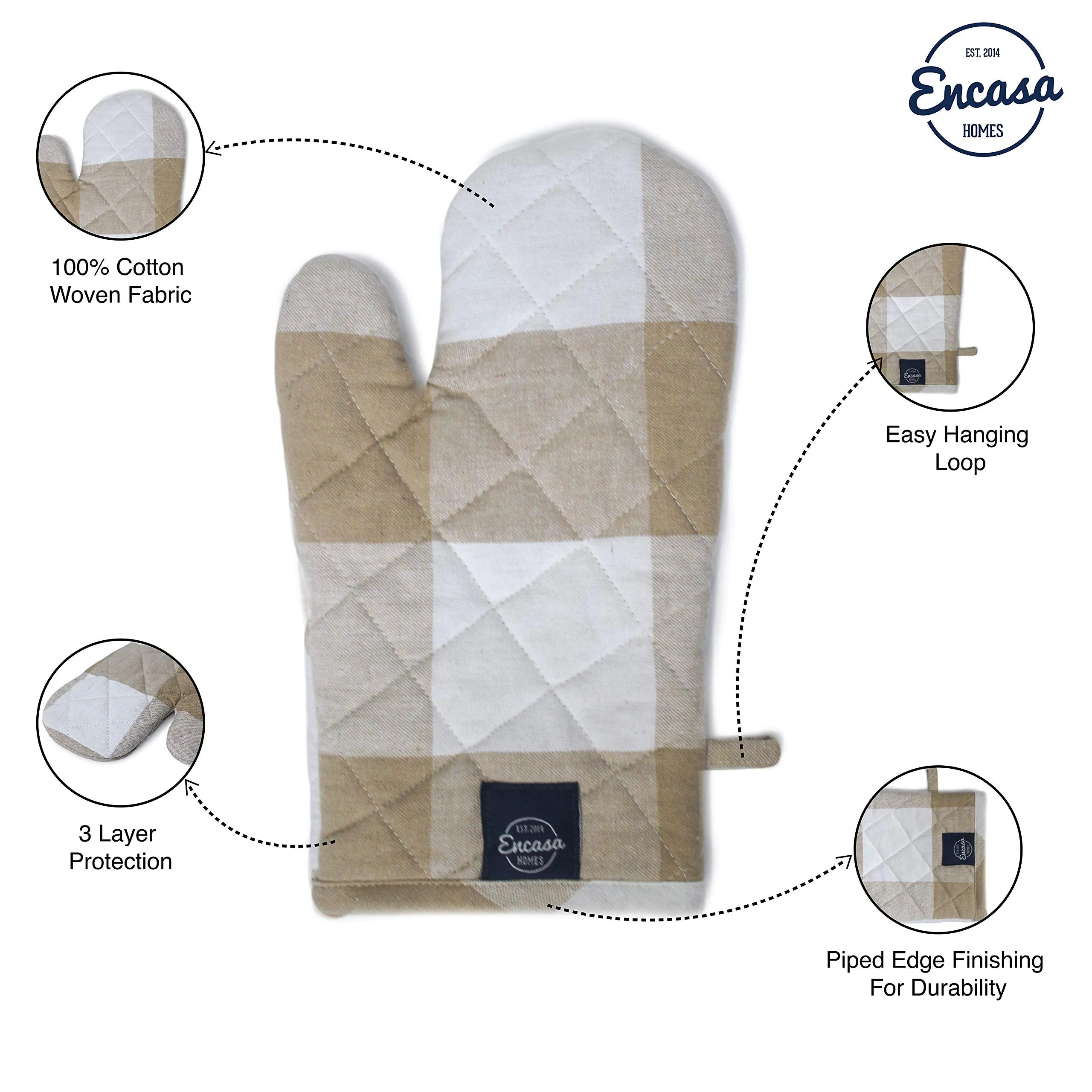 Encasa Homes Long 30 cm Oven Microwave Hand Gloves Mitts (2 pc Set) for Kitchen Cooking & Baking - Heat Resistant, Thick & Safe, Protection of Hands from Hot Utensils, Grill- Buffalo Beige Checks