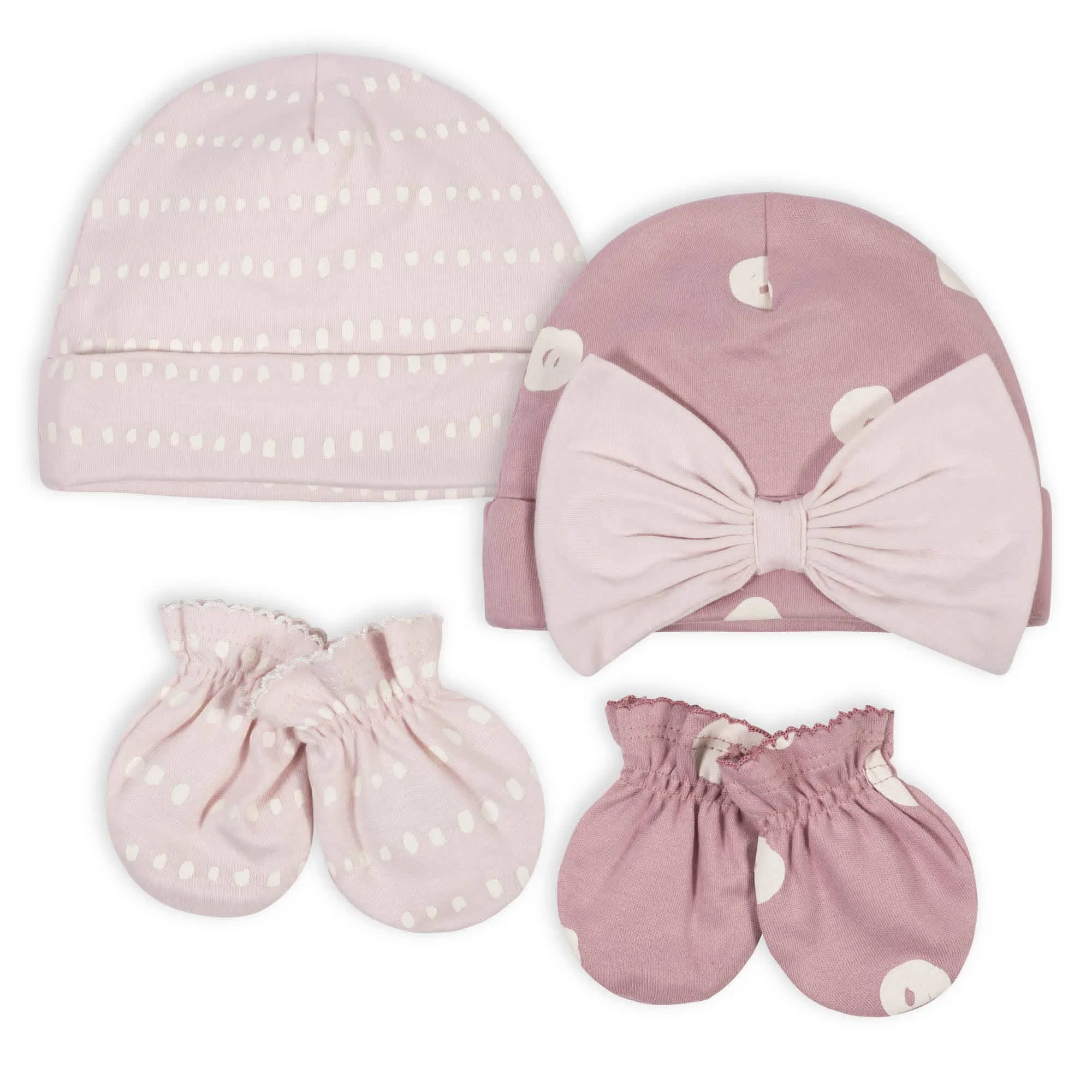 Gerber® Organic 4-Piece Baby Girls Dotted Line Cap and Mitten Set