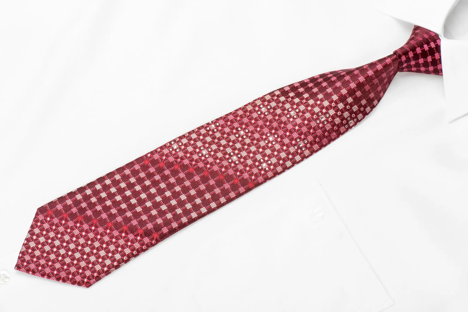 GGio Men's Crystal Silk Necktie Geometric On Burgundy With Silver Sparkles