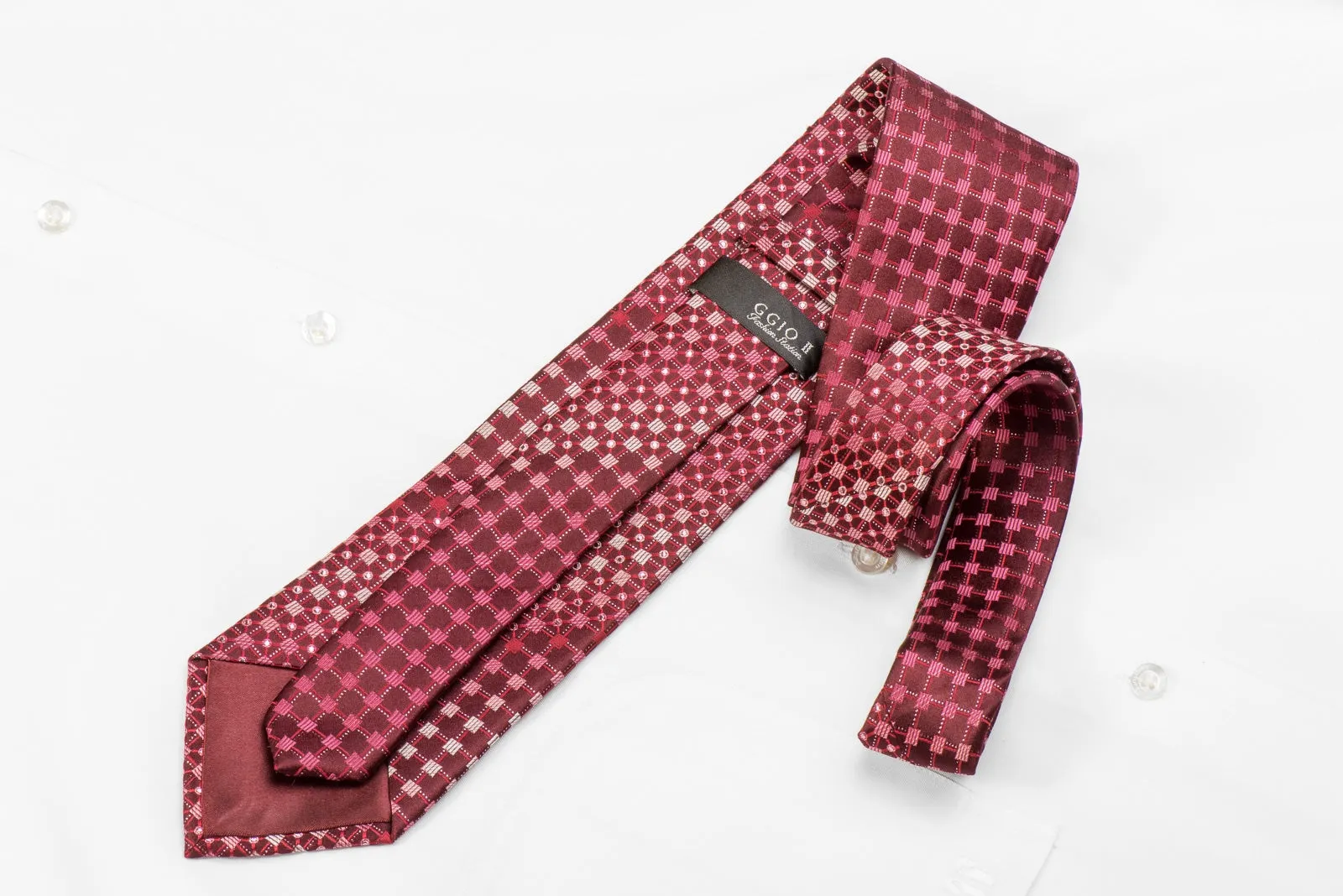 GGio Men's Crystal Silk Necktie Geometric On Burgundy With Silver Sparkles