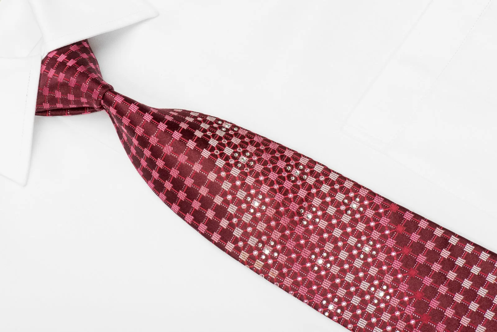 GGio Men's Crystal Silk Necktie Geometric On Burgundy With Silver Sparkles