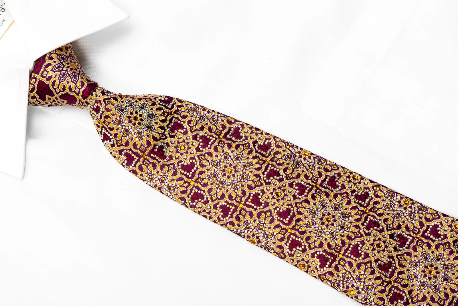 Gold Arabesque On Burgundy Rhinestone Silk Necktie With Sparkles