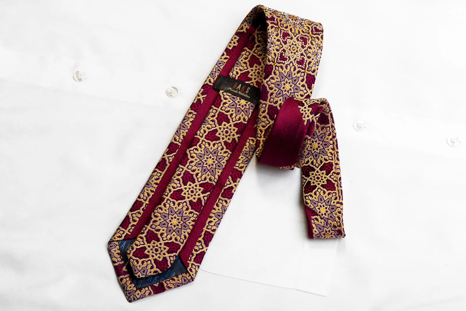 Gold Arabesque On Burgundy Rhinestone Silk Necktie With Sparkles