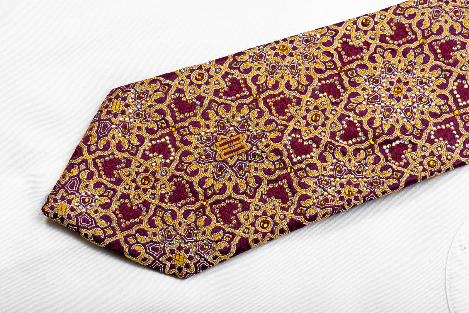 Gold Arabesque On Burgundy Rhinestone Silk Necktie With Sparkles