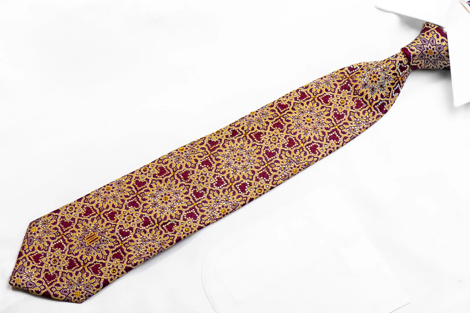 Gold Arabesque On Burgundy Rhinestone Silk Necktie With Sparkles