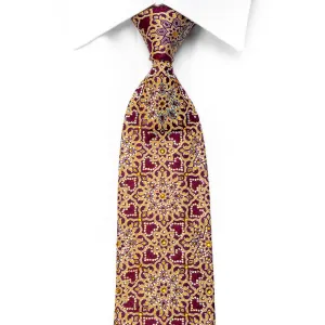 Gold Arabesque On Burgundy Rhinestone Silk Necktie With Sparkles