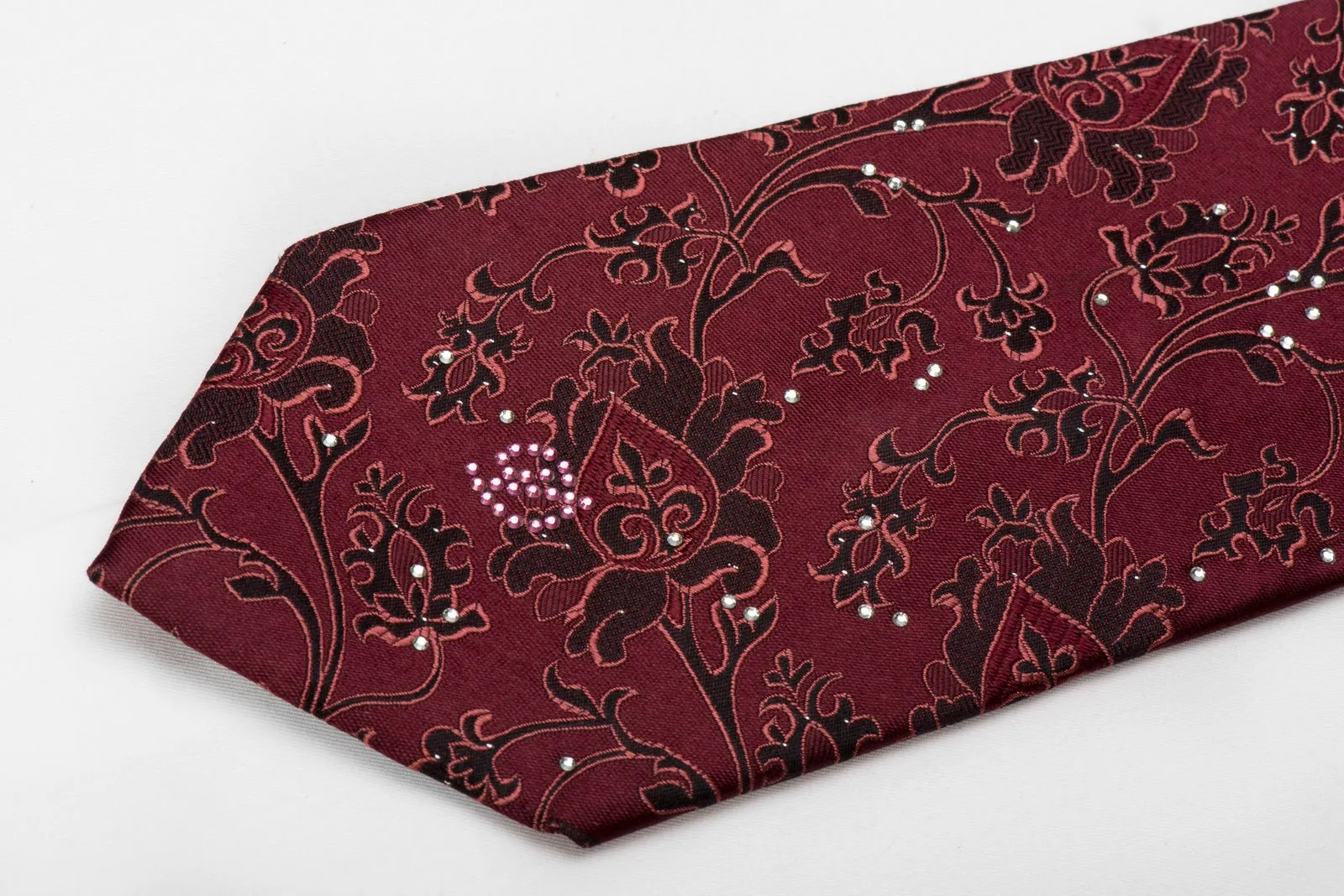 Good Day Men's Crystal Silk Necktie Brown Anthemion On Burgundy With Silver Sparkles