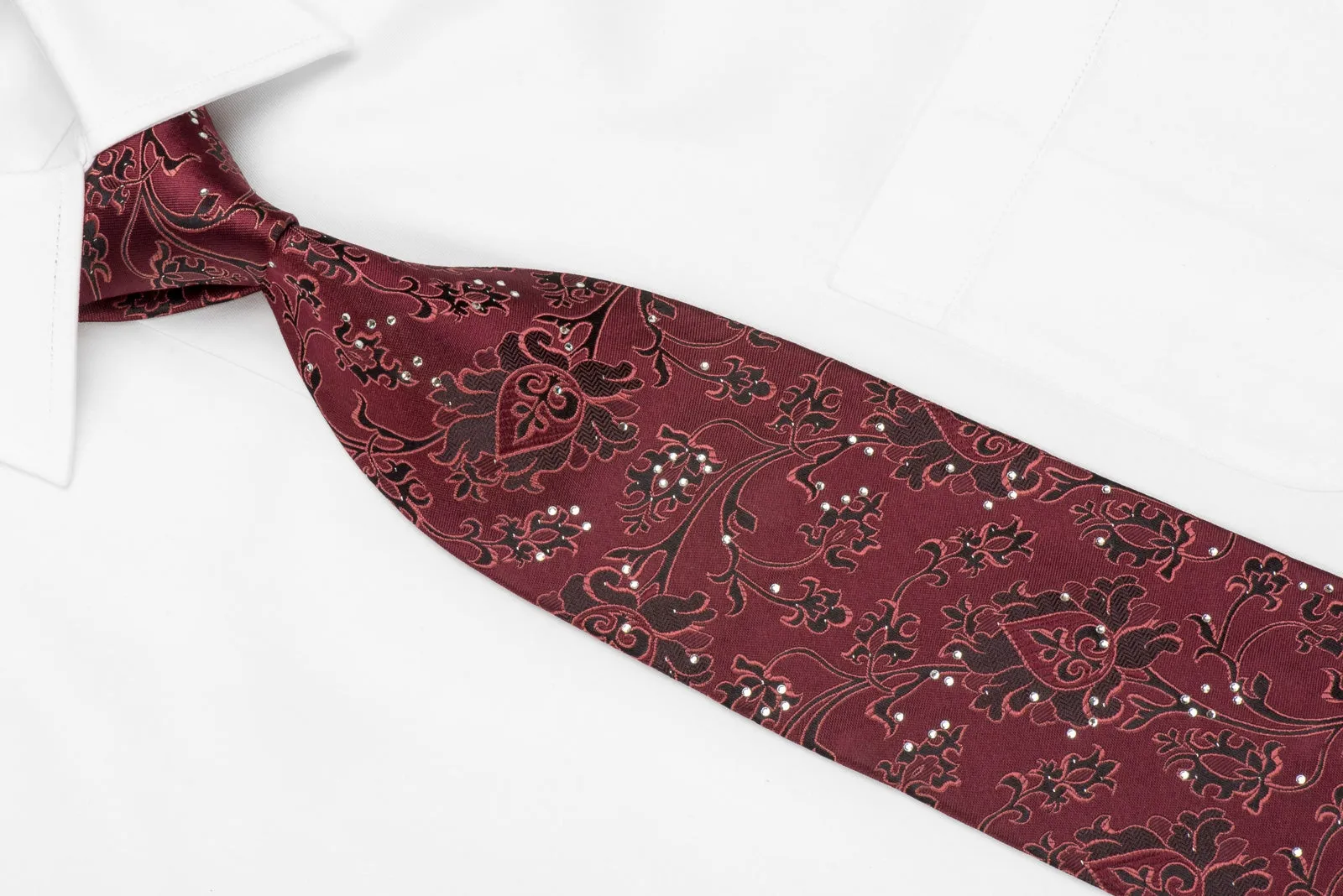 Good Day Men's Crystal Silk Necktie Brown Anthemion On Burgundy With Silver Sparkles