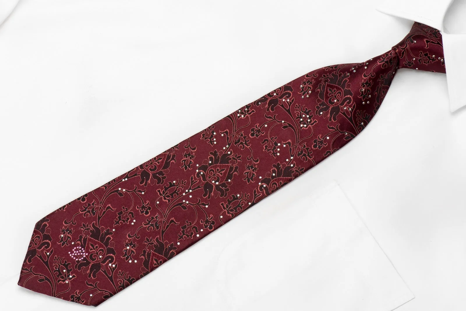 Good Day Men's Crystal Silk Necktie Brown Anthemion On Burgundy With Silver Sparkles