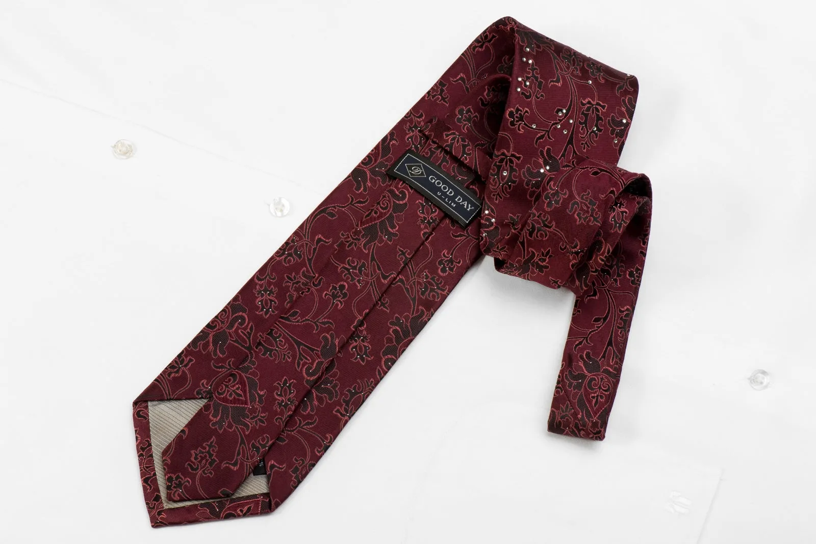 Good Day Men's Crystal Silk Necktie Brown Anthemion On Burgundy With Silver Sparkles