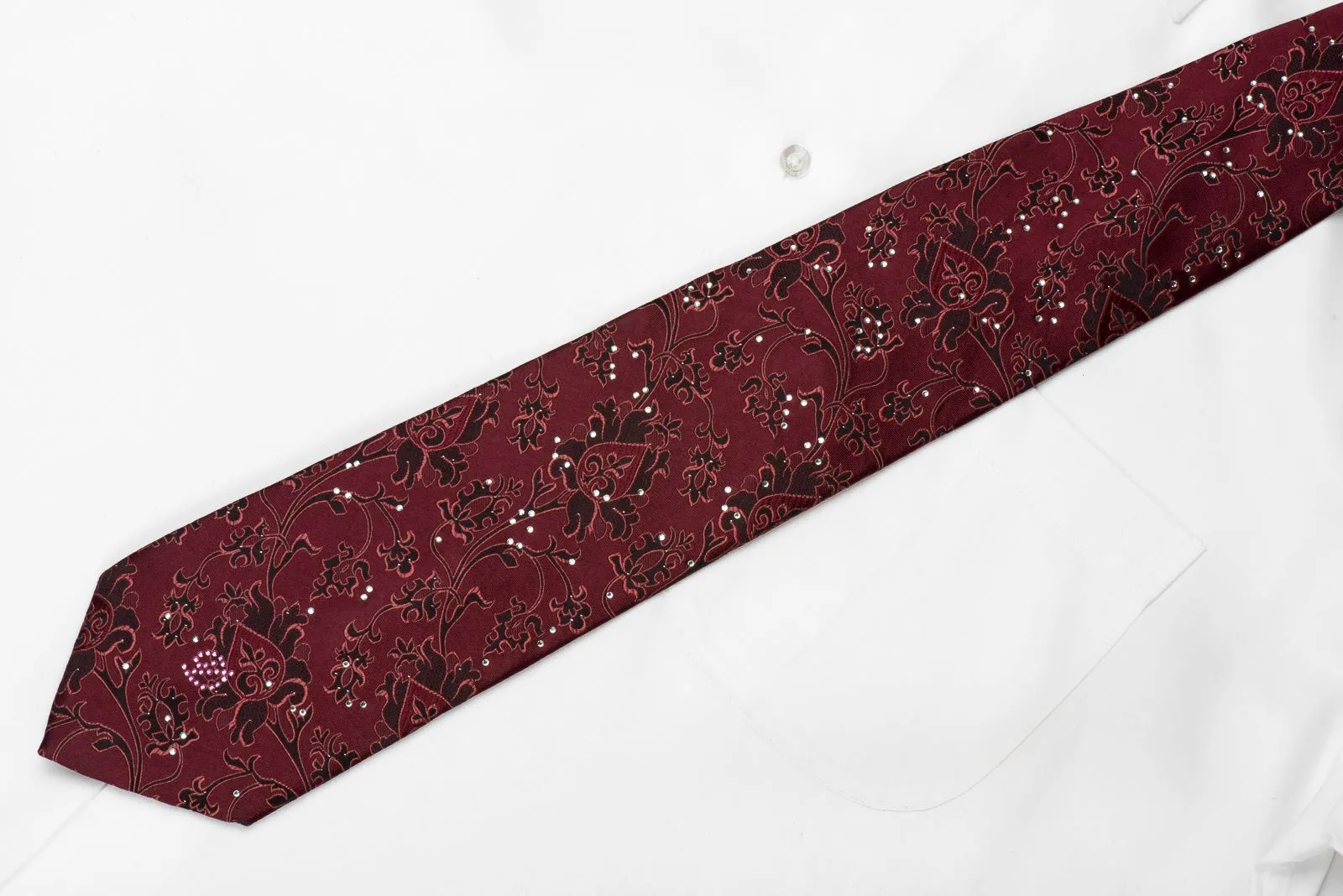 Good Day Men's Crystal Silk Necktie Brown Anthemion On Burgundy With Silver Sparkles