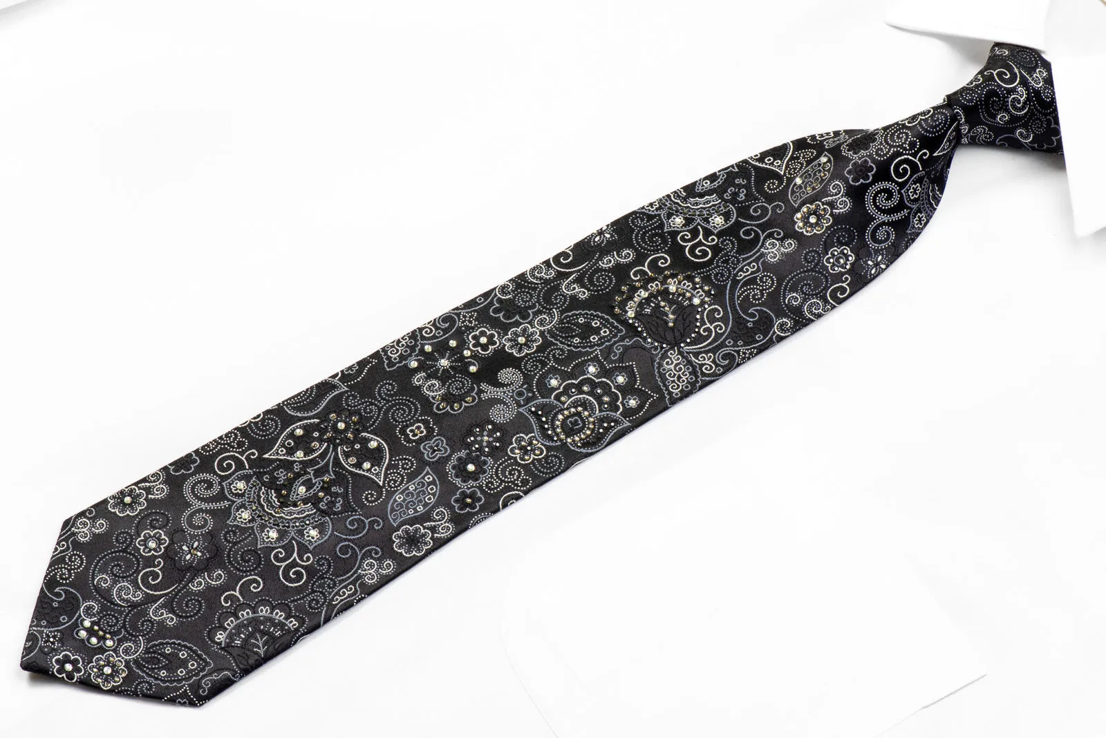 Grand Jour Black Silk Tie Silver Anthemion On Black With Rhinestones