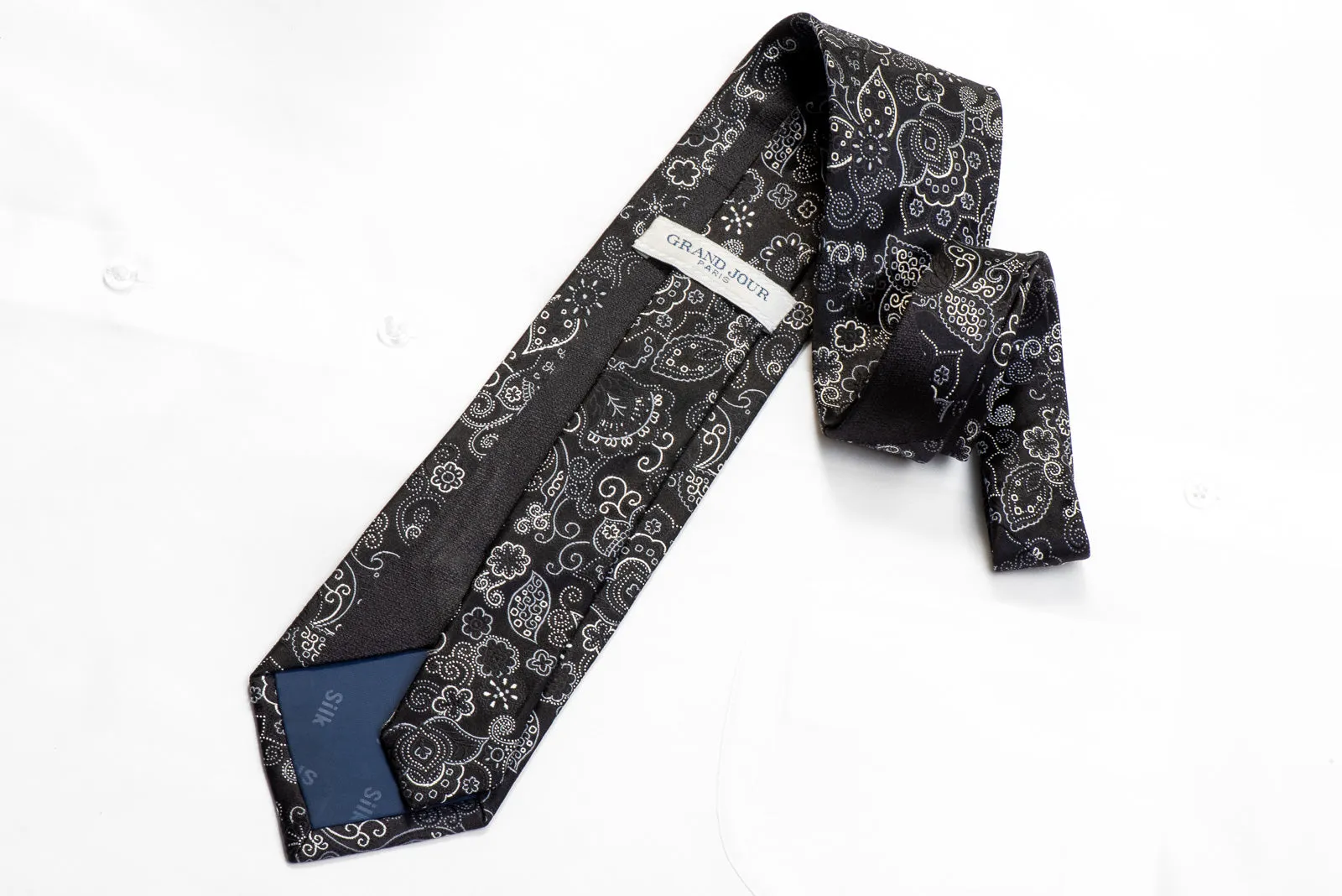 Grand Jour Black Silk Tie Silver Anthemion On Black With Rhinestones