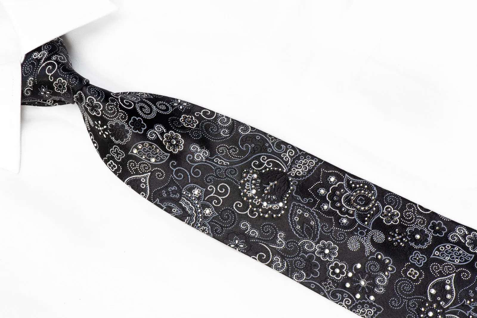 Grand Jour Black Silk Tie Silver Anthemion On Black With Rhinestones