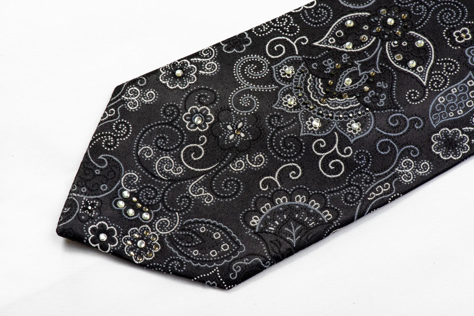 Grand Jour Black Silk Tie Silver Anthemion On Black With Rhinestones