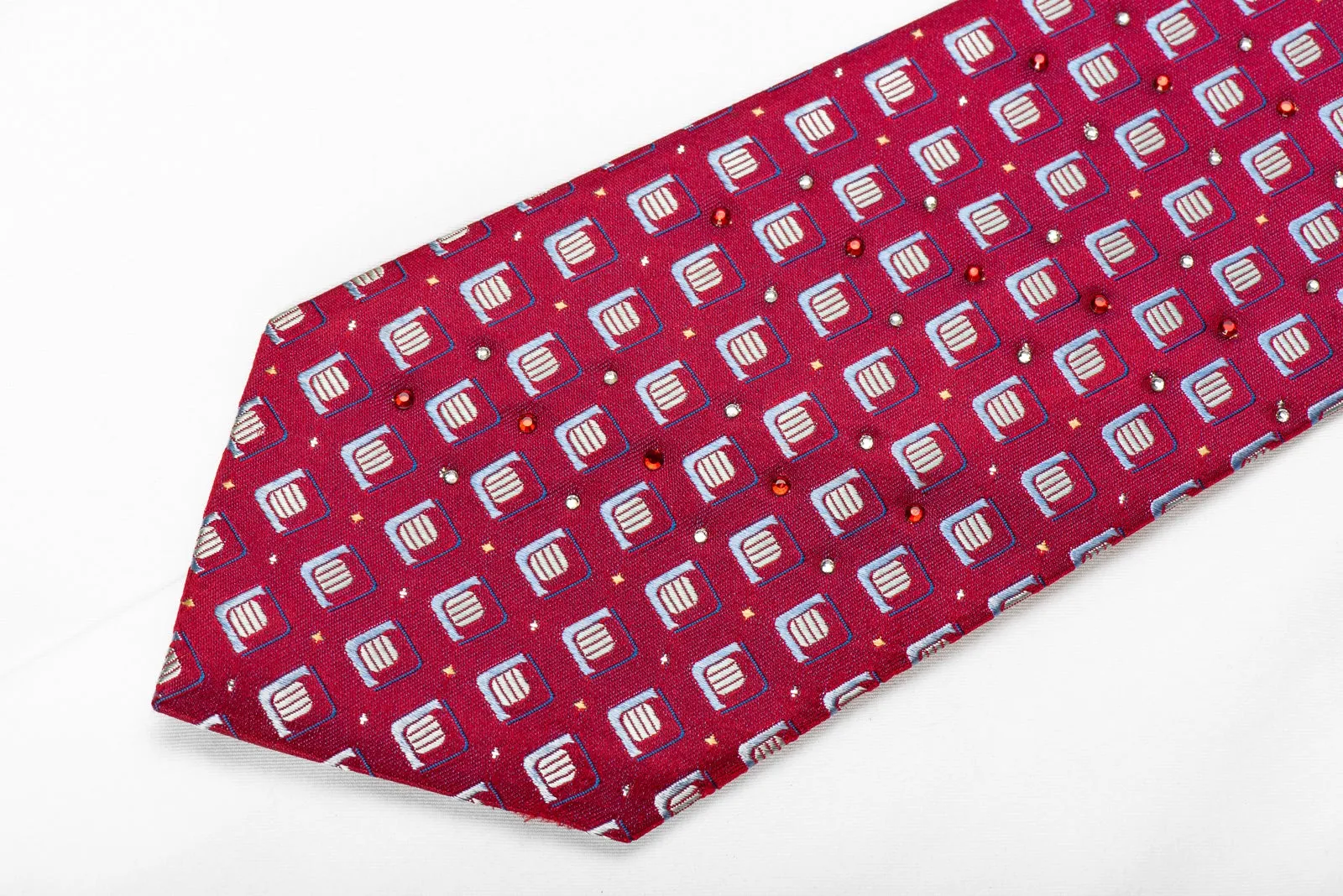 Grang Cia Men's Crystal Silk Necktie Geometric On Burgundy Sparkling With Rhinestones