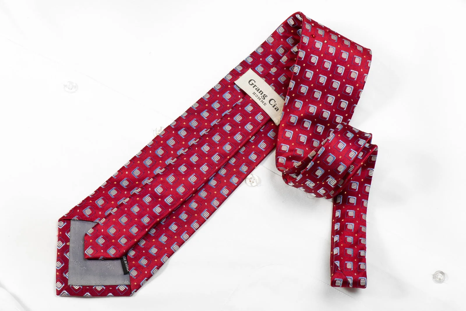 Grang Cia Men's Crystal Silk Necktie Geometric On Burgundy Sparkling With Rhinestones