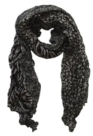 Grey & Black Peach Couture All Seasons Retro Zebra and Leopard Print Crinkle Scarf