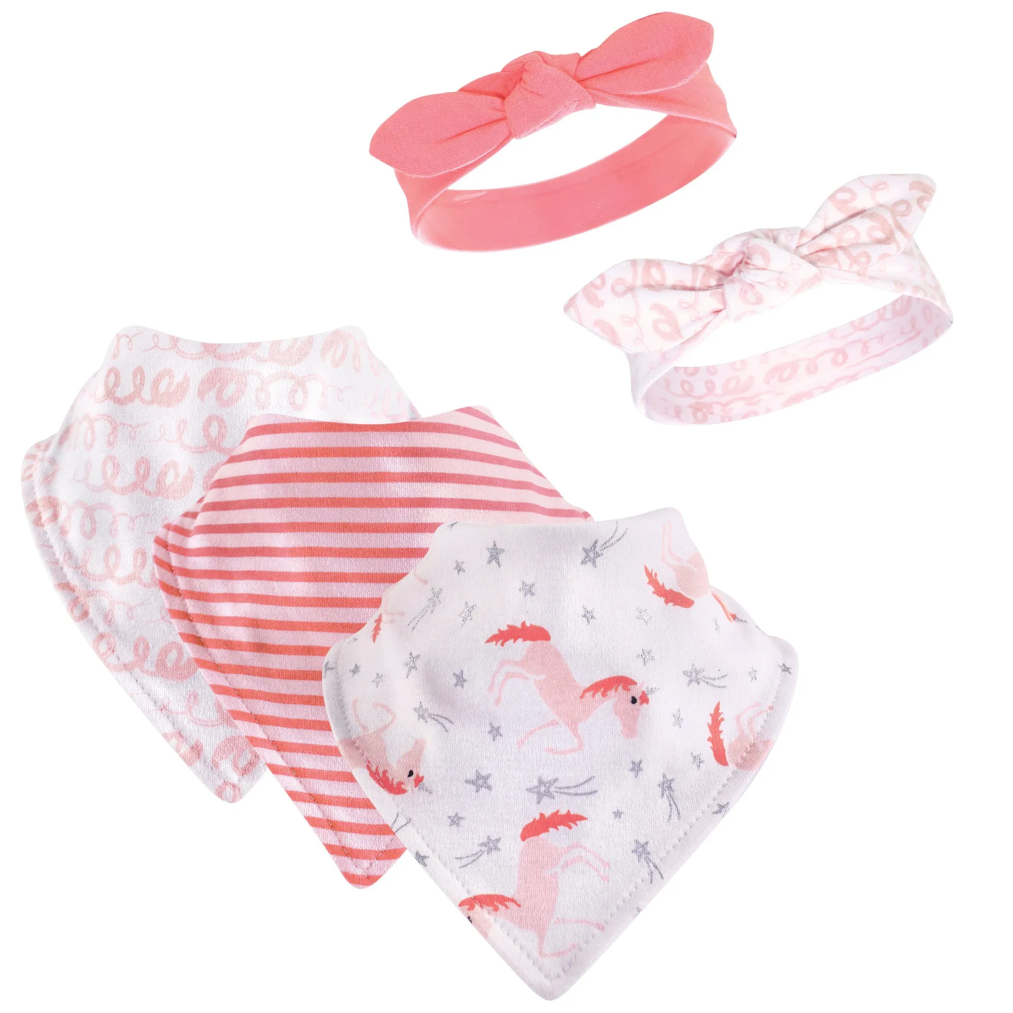 Hudson Baby Cotton Bib and Headband or Caps Set, Coral Unicorn