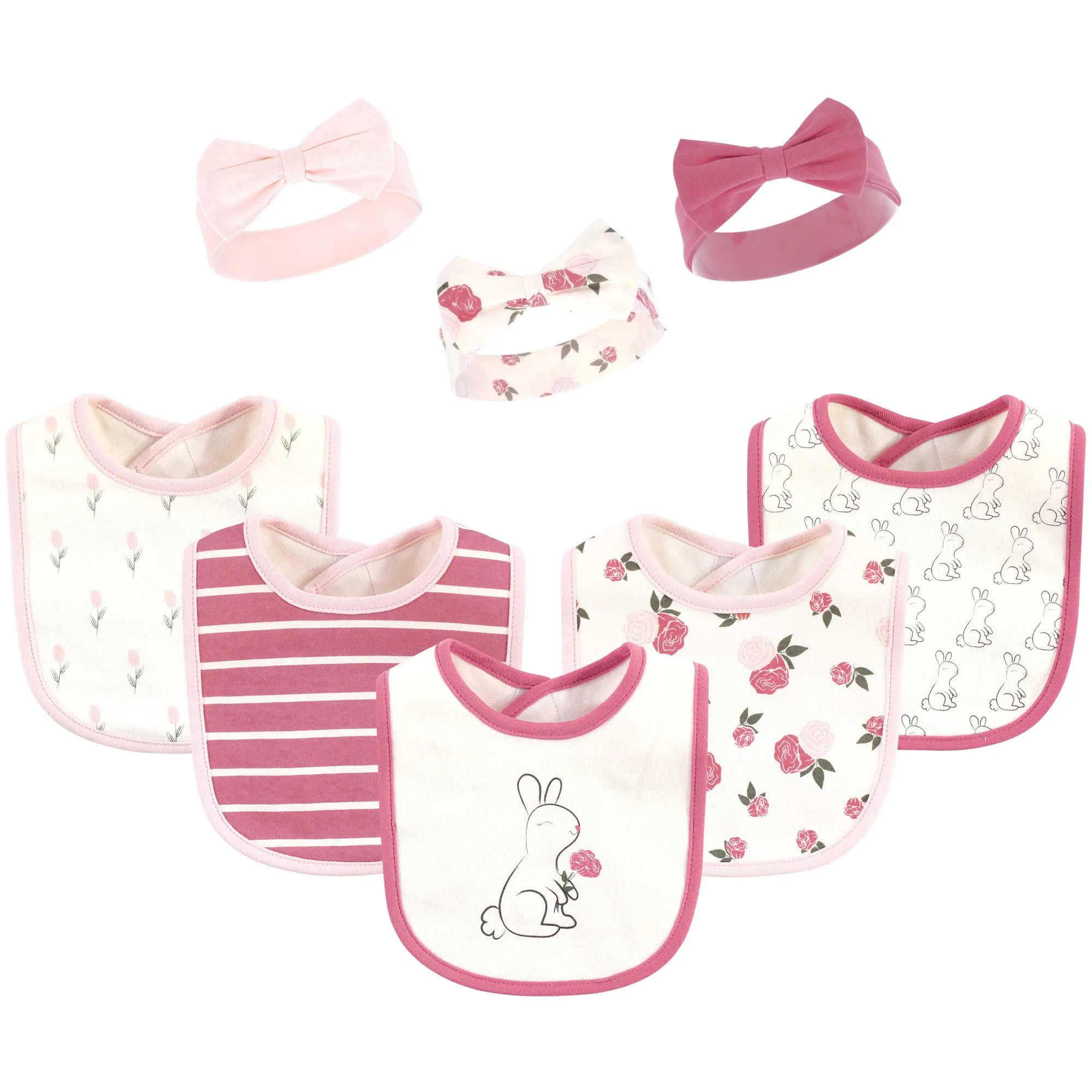 Hudson Baby Cotton Bib and Headband or Caps Set, Pink Bunny