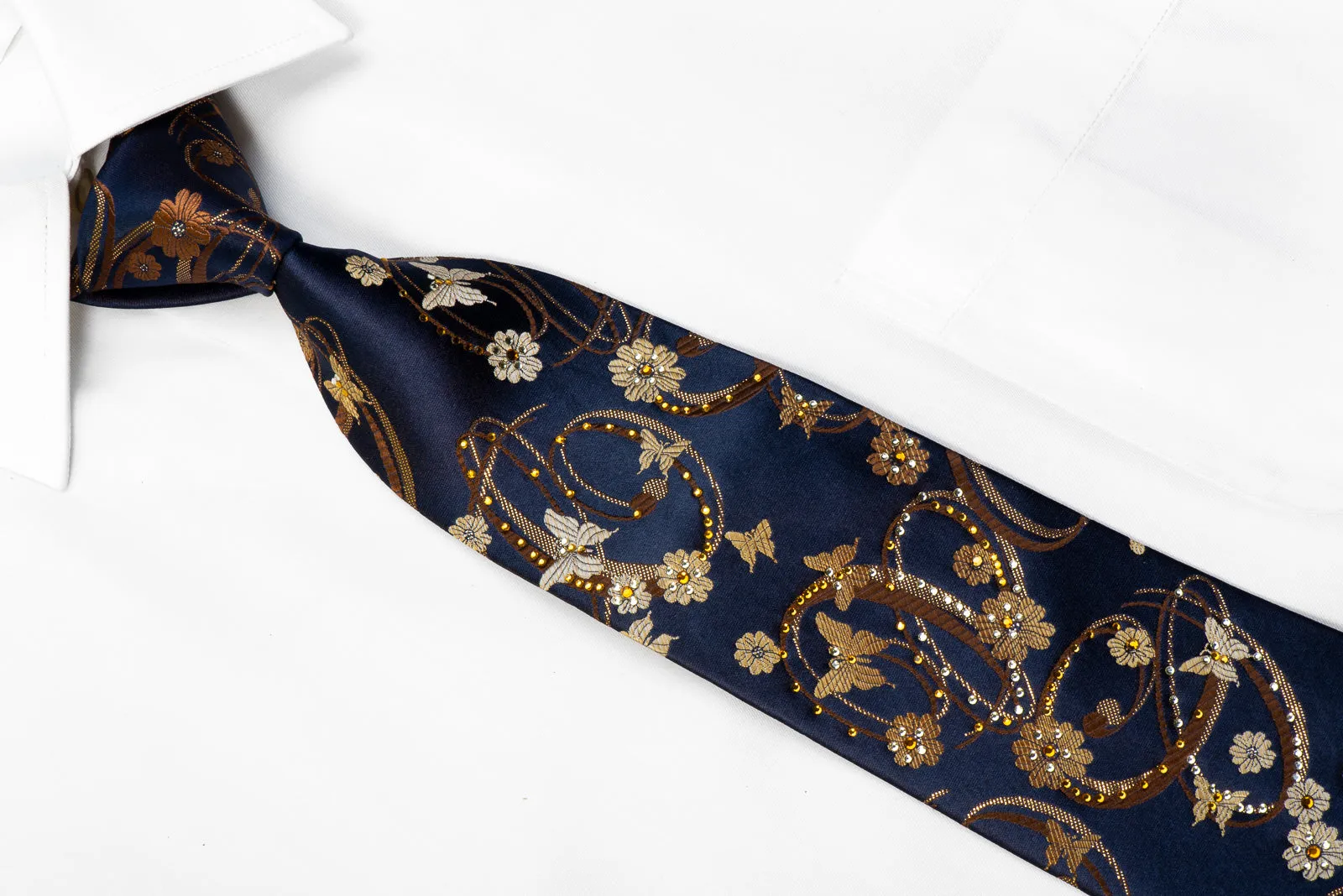 Indian Homme Rhinestone Silk Necktie Golden Butterflies Floral On Navy With Sparkles